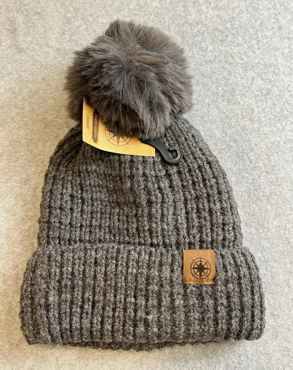 Women’s Gray Knit Beanie Hat Pompom Logo Accent Solid 100% Acrylic One Size